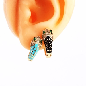 Snake-shaped gold-plated hoop earrings with colorful enamel and green zircon eyes