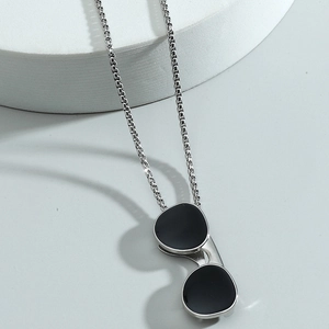 Hip hop sunglasses necklace with silver steel box chain and black lenses pendant