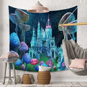 Detail of fantasy tapestry showing glowing mushrooms and castle under a starry sky