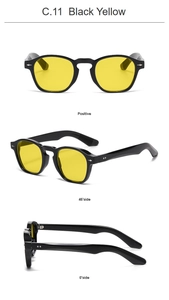 Detailed views of retro round sunglasses with black frames and yellow lenses