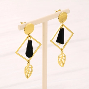 Minimalist gold titanium steel earrings with black geometric frames and leaf charms