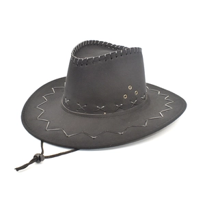 Detail of black faux suede cowboy hat with contrast stitching and adjustable chin strap