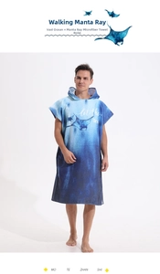 Detailed view of microfiber hooded poncho featuring blue manta ray and sea ocean print