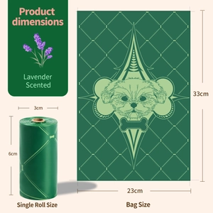Dimensions detail of lavender scented biodegradable dog poop bags showing roll and bag sizes