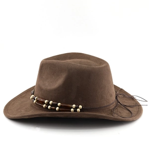 Detail of western brown suede felt hat with dual-row beaded band and knot accents