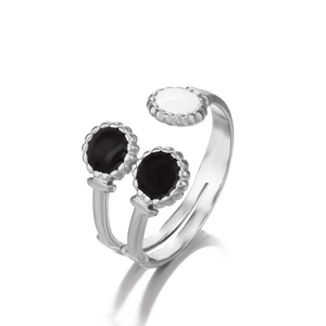 Minimalist silver stainless steel open ring with black and white circular geometric charms