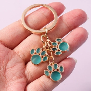 Cute green paw print metal keychain with gold ring accessory on pink background