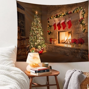 Close-up of a Christmas tree tapestry featuring a warm fireplace and festive decor