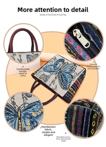 Detailed views of ethnic canvas tote featuring blue butterfly pattern and woven textures
