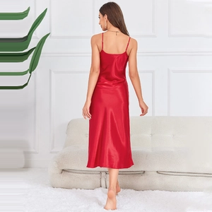 Elegant red silk satin long nightgown with V-neck and spaghetti straps for women