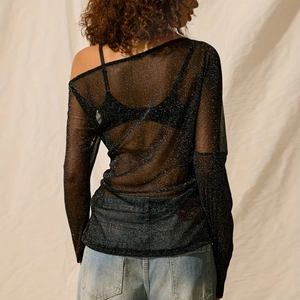 Haut sexy noir transparent à paillettes et manches longues avec épaule dénudée chic
