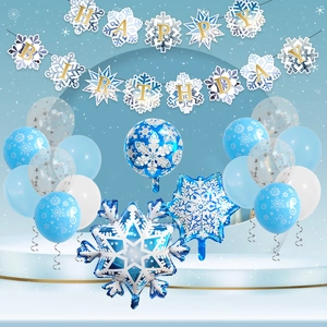 Winter snowflake party decoration set with Happy Birthday banner and blue latex balloons