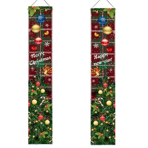 Christmas door banners with red green plaid and Merry Christmas Happy New Year text