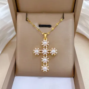 Elegant Cross Pendant Necklace With Faux Artificial Pearl And Zircon In Titanium Steel And Copper For Women Vintage Palace Style