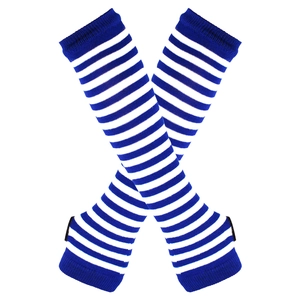Blue and white striped knitted arm warmer sleeves with thumb holes for cosplay