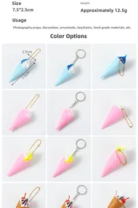 Detailed size chart for mini realistic ice cream cone keychains in multiple vibrant colors