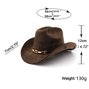 Detail showing the brown suede cowboy hat with colorful bohemian beaded hatband