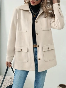Elegant oatmeal wool blend jacket with stand collar and four utility pockets