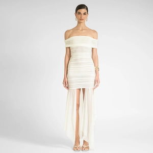 Detail of white off-shoulder mini dress with elegant pleats and irregular hemline