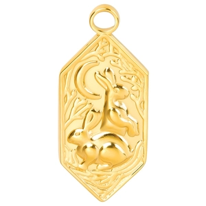 Golden hexagonal rabbit and moon relief pendant in stainless steel for DIY necklaces