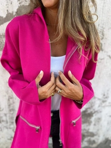Chaqueta rosa con capucha para mujer con textura de punto y bolsillos laterales