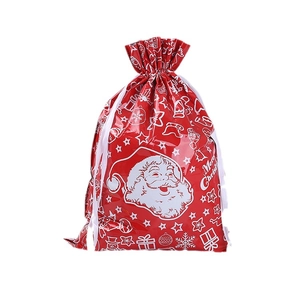 Red Christmas drawstring gift bag with Santa Claus print and Merry Christmas text