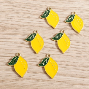 Set of six yellow lemon fruit charms in gold metal with colorful enamel oil drip finish