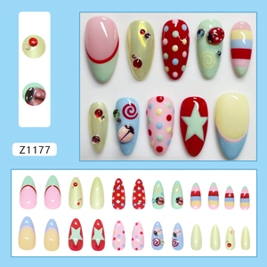 Colorful ladybug press-on nails with French polka dots and 3D charms, 24-piece set