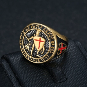 Gold plated stainless steel Knights Templar ring with red cross shield and biblical text