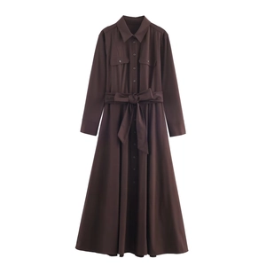 Elegant Long Sleeve Polyester Shirt Dress For Women Solid Color Maxi A-Line Dress With Belt Office Casual Outfit