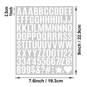 Technical drawing of 1-inch white vinyl alphabet stickers with precise measurement markings