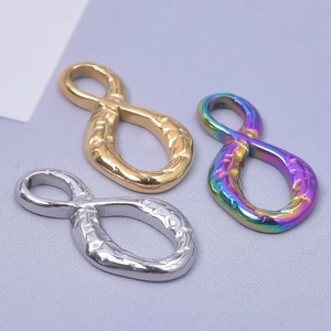 Detail of infinity symbol charms in gold, silver, and rainbow 304 stainless steel