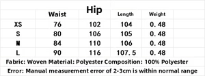 Size chart for professional trousers featuring waist, hip, and length specs in XS to L