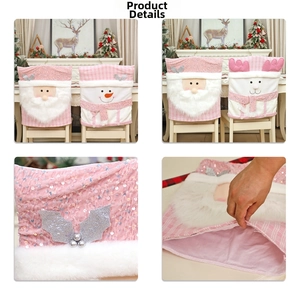 Detailed view of pink sequin Christmas chair covers with Santa and Reindeer designs