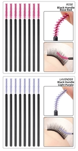 Detail of rose and lavender disposable mascara wands showing flexible nylon brush heads