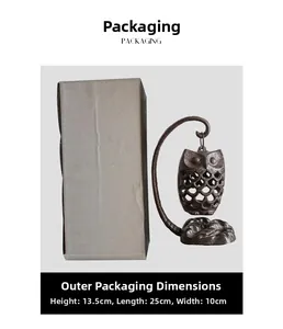 Detailed view of vintage iron owl candle holder packaging with dimensions 25x10x13.5 cm