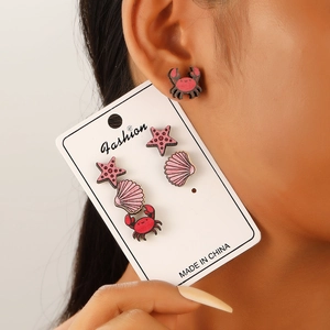 Bohemian Wooden Sea Star Shell Crab Turtle Stud Earrings Set For Women Painted Marine Life Vacation Jewelry Earrings