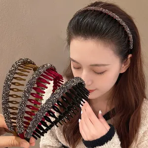 Three-piece set of flocked acrylic headbands with rhinestones and non-slip teeth for women