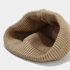 Khaki retro knit cuff beanie hat with thick stitch texture shown in a detailed top view