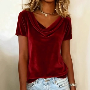 Camiseta de Terciopelo con Cuello Hamaca para Mujer Manga Corta Color Sólido Ajuste Entallado Top de Moda Casual