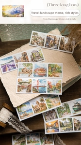 Close-up of travel landscape stickers with watercolor scenes and vintage decor