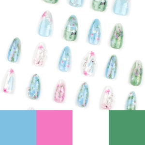 24pcs almond shape press-on nails with floral and cat patterns in various pastel colors