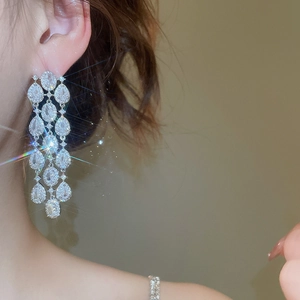 Detailed view of silver long fringe tassel earrings with sparkling zircon stones on model