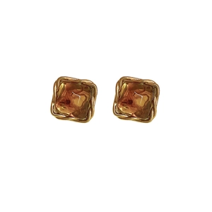 French vintage resin square stud earrings with irregular gold border and amber finish