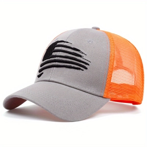 Mesh trucker hat with gray cotton front and vibrant orange back plus sleek black embroidery