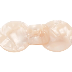 Elegant Korean pearlescent acetate floral hair clip with embossed letter design on white background