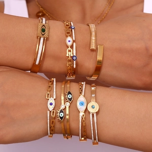 18K gold-plated stainless steel evil eye bangles with micro-inlaid colorful zircon stones