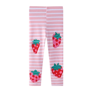 Girls Leggings Combed Cotton Pink White Striped Strawberry Applique Elastic Waist Slim Fit Kids Pants For Spring Autumn