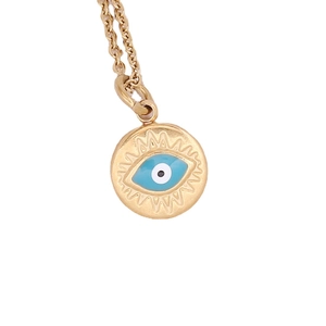 Gold evil eye pendant necklace with blue enamel and crystal on a stainless steel chain