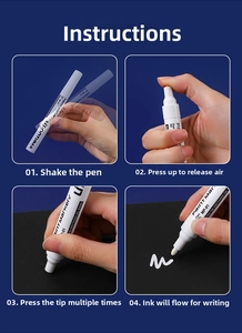 Macro detail showing four-step usage instructions for MP-01 oil-based paint marker